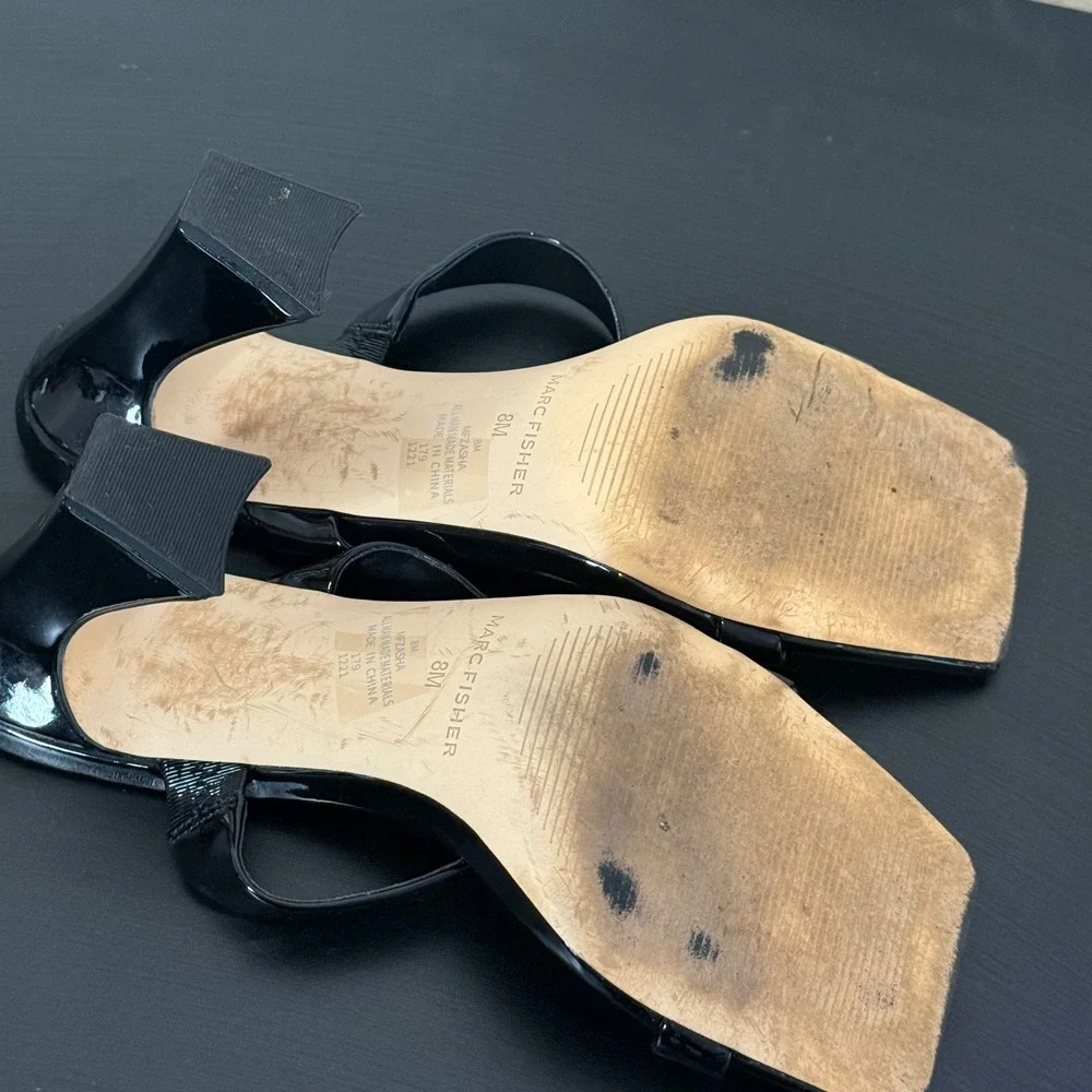 Marc Fisher Black Patent Square Toe Heeled‎ Slide Sandals Womens 8 M Zasha